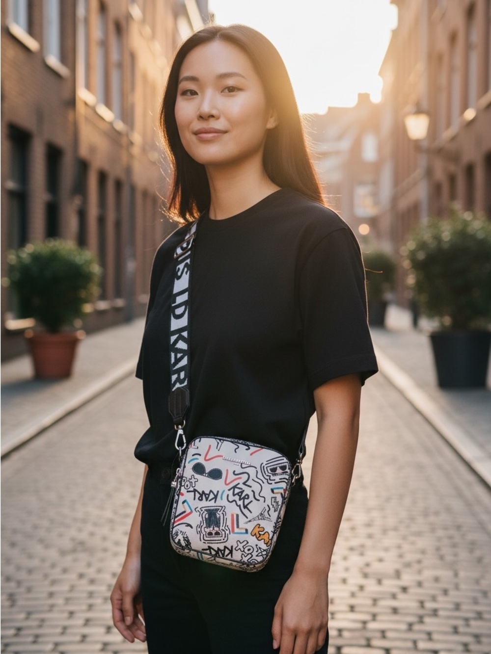 Karl Lagerfeld Beige Graphic Crossbody Belt Bag with Logo Strap
